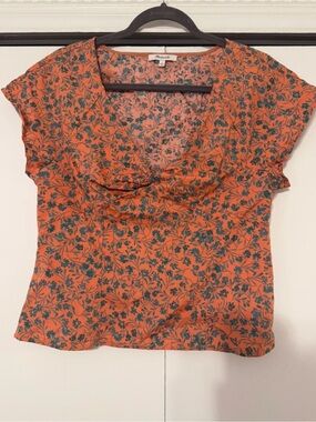 Madewell Burnt Orange Floral Scoop-Neck Cap Sleeve Cotton Blouse